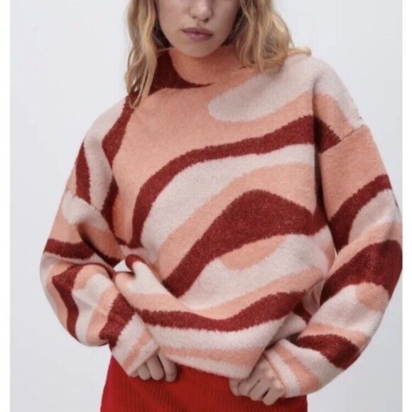 NWT Zara Bloggers Favorite Pink Burgundy Jacquard Wave Mock Neck Sweater… - Picture 1 of 6